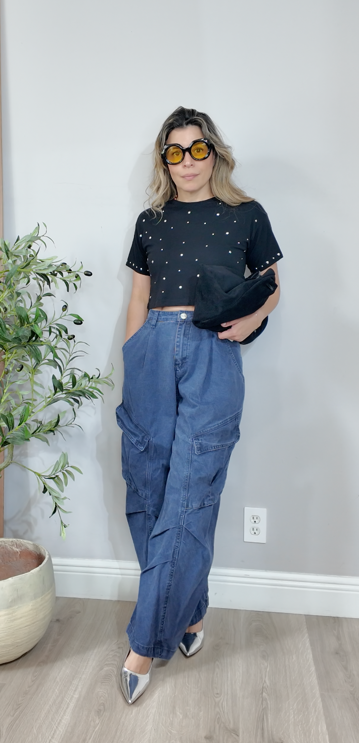 Midnight Studded Cropped Tee - 34527
