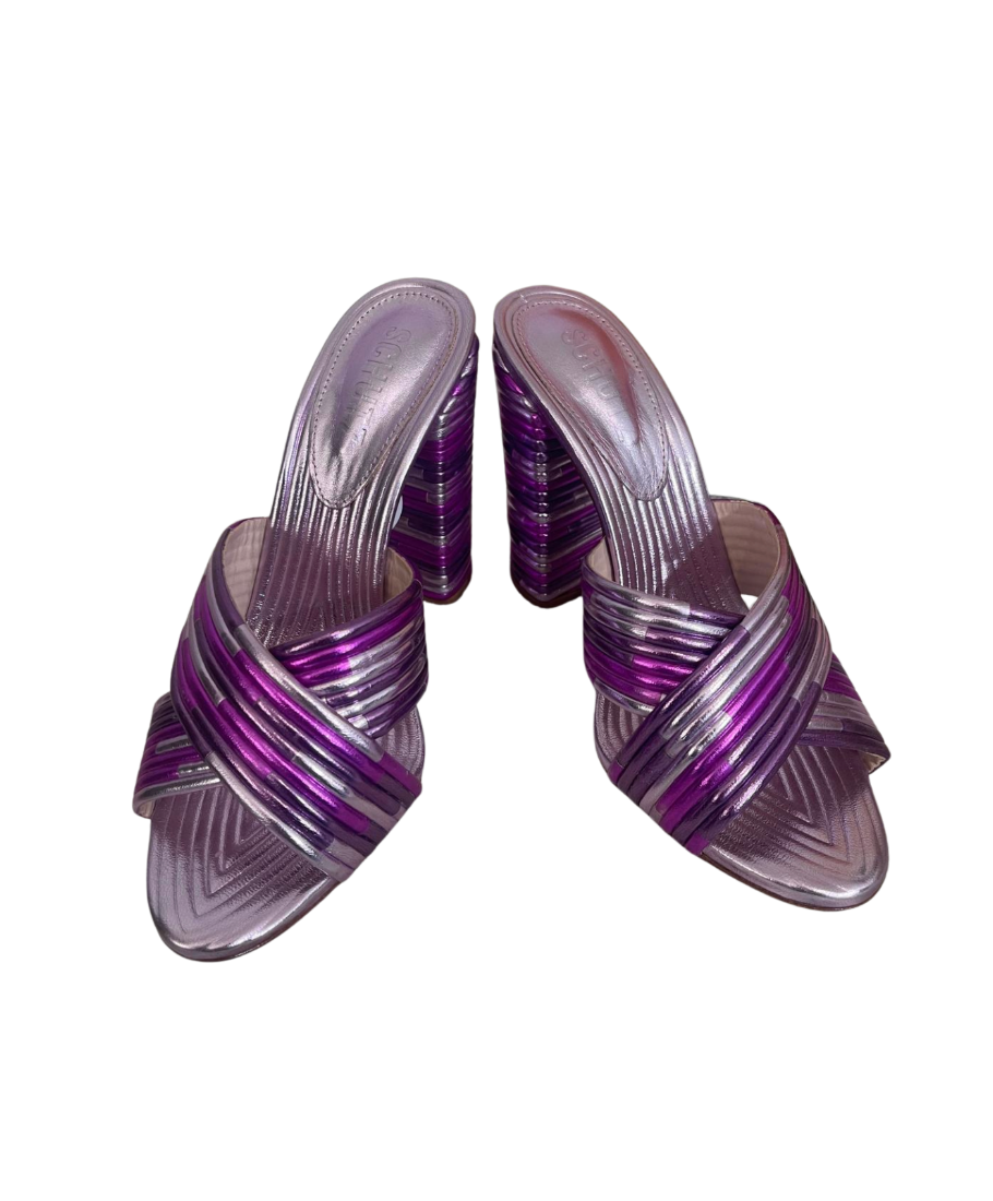 Schutz Metallic Purple Strappy Block Heel Mules - 35039