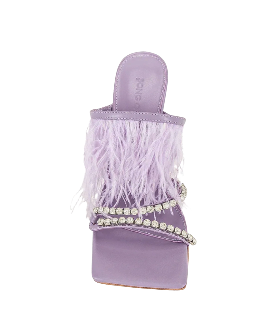 Lavender Feather and Rhinestone Heeled Mules - 35045