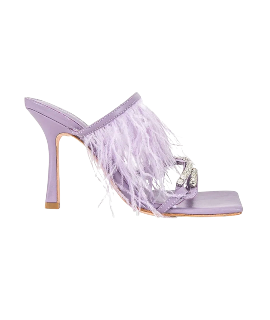 Lavender Feather and Rhinestone Heeled Mules - 35045