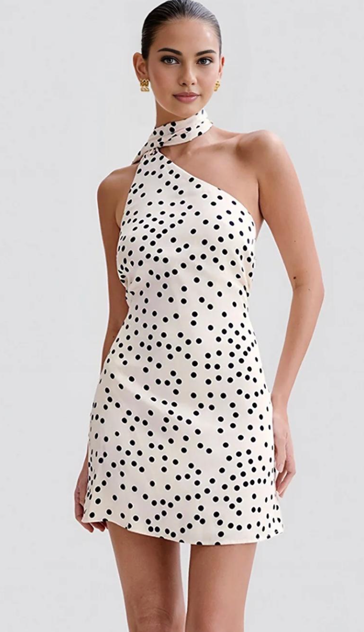 One-Shoulder Polka Dot Mini Dress - 34991