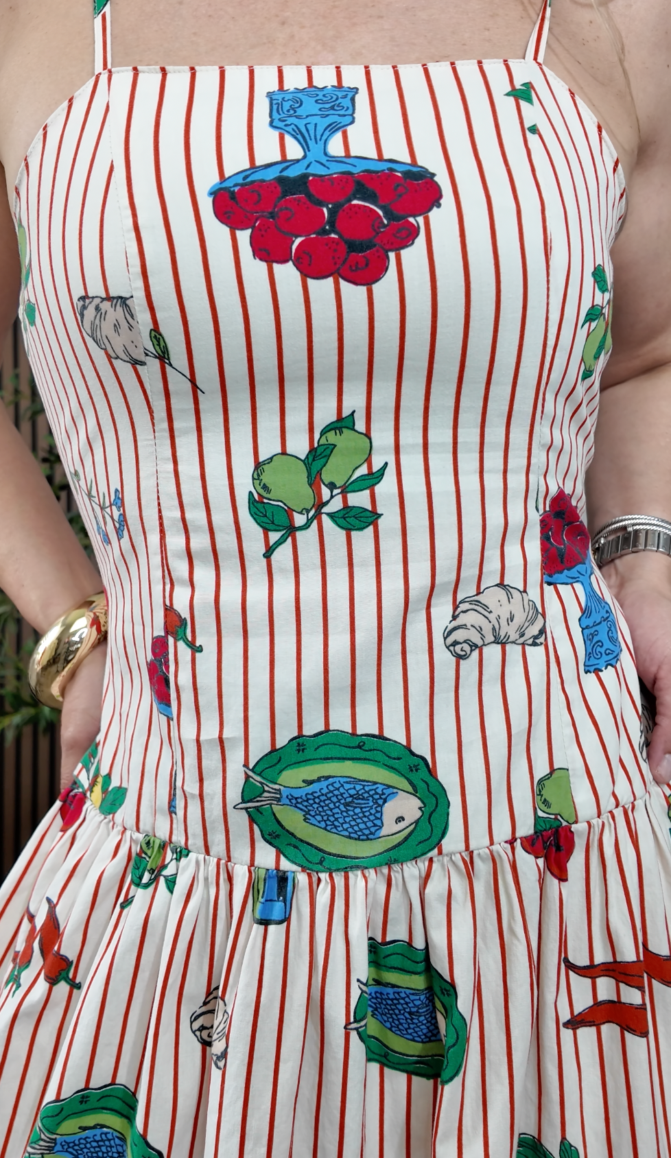 Striped Maxi Dress with Whimsical Mediterranean Print - 34908