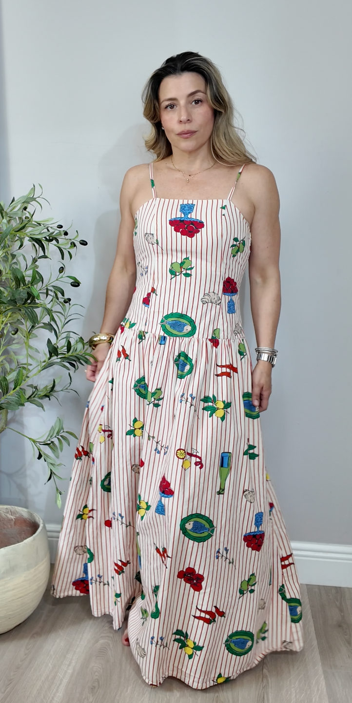 Striped Maxi Dress with Whimsical Mediterranean Print - 34908