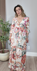 Tropical Floral V-Neck Button-Front Maxi Dress - 34556