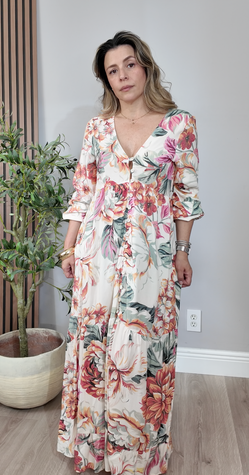 Tropical Floral V-Neck Button-Front Maxi Dress - 34556