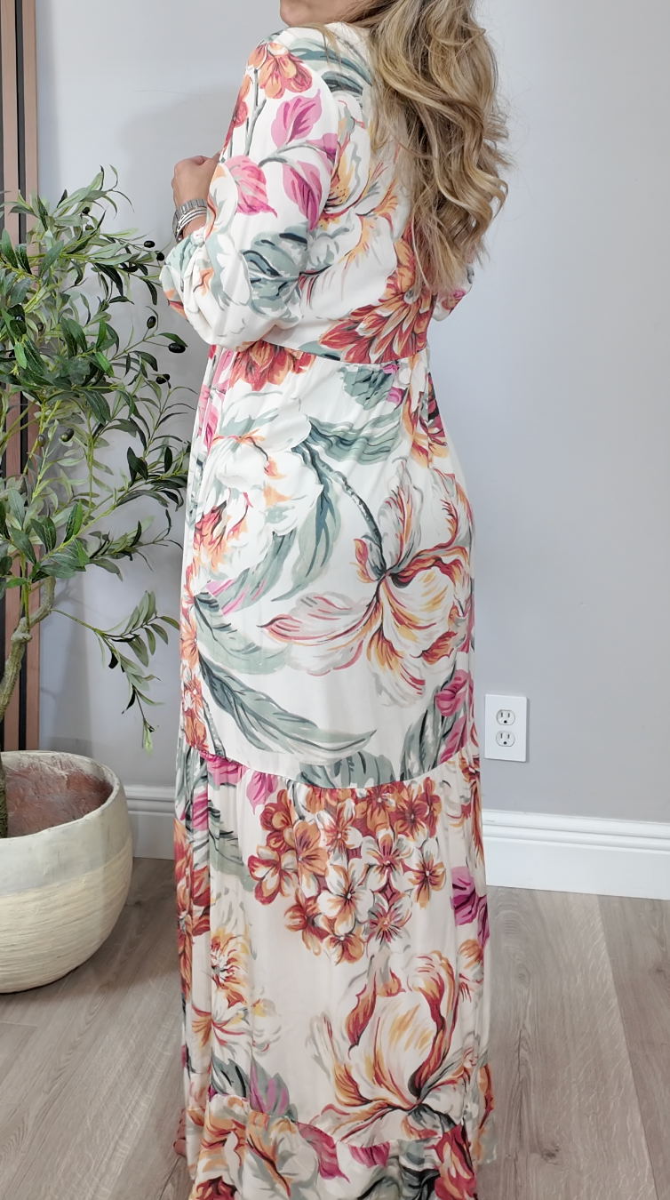 Tropical Floral V-Neck Button-Front Maxi Dress - 34556