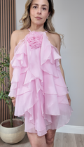 Pink Ruffle Halter Mini Dress with Floral Detail - 35054