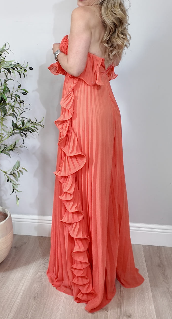 Vibrant Coral Pleated Off-the-Shoulder Maxi Dress with Ruffle Trim - 34918