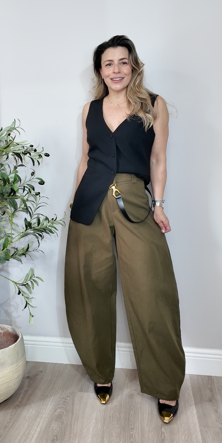 Olive Green Barrel Leg Trousers - 35094
