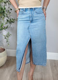 Mid-Wash Front Slit Denim Maxi Skirt - 34032