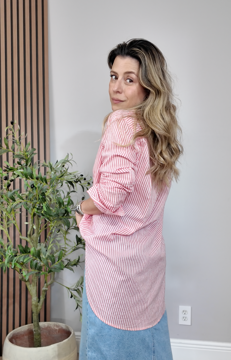 Classic Red Pinstripe Oversized Shirt - 33684