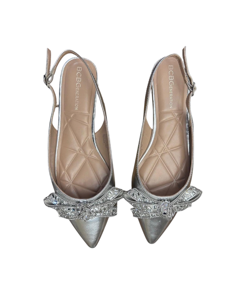 BCBGeneration Katly Metallic Silver Rhinestone Slingback Flats - 35155