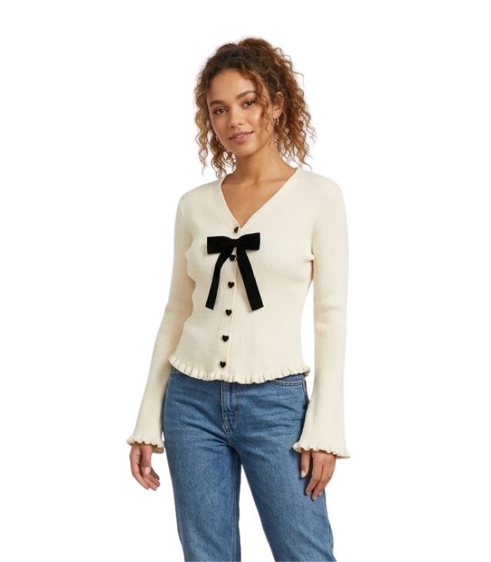 Heart-Button Ribbed Cardigan - 33923