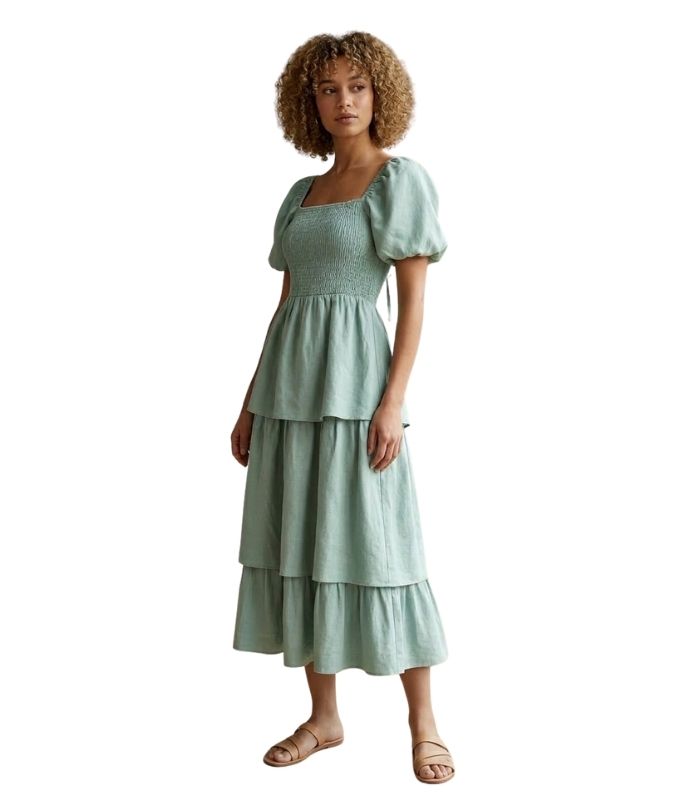 Tiered Smocked Midi Dress with Puff Sleeves - 33973
