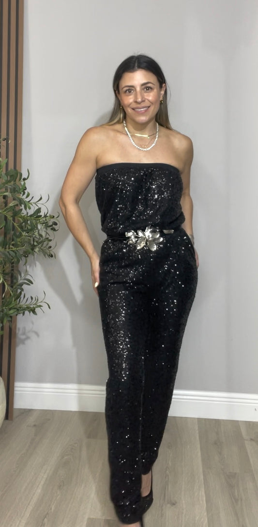 Black Sequin Strapless Jumpsuit - 33325