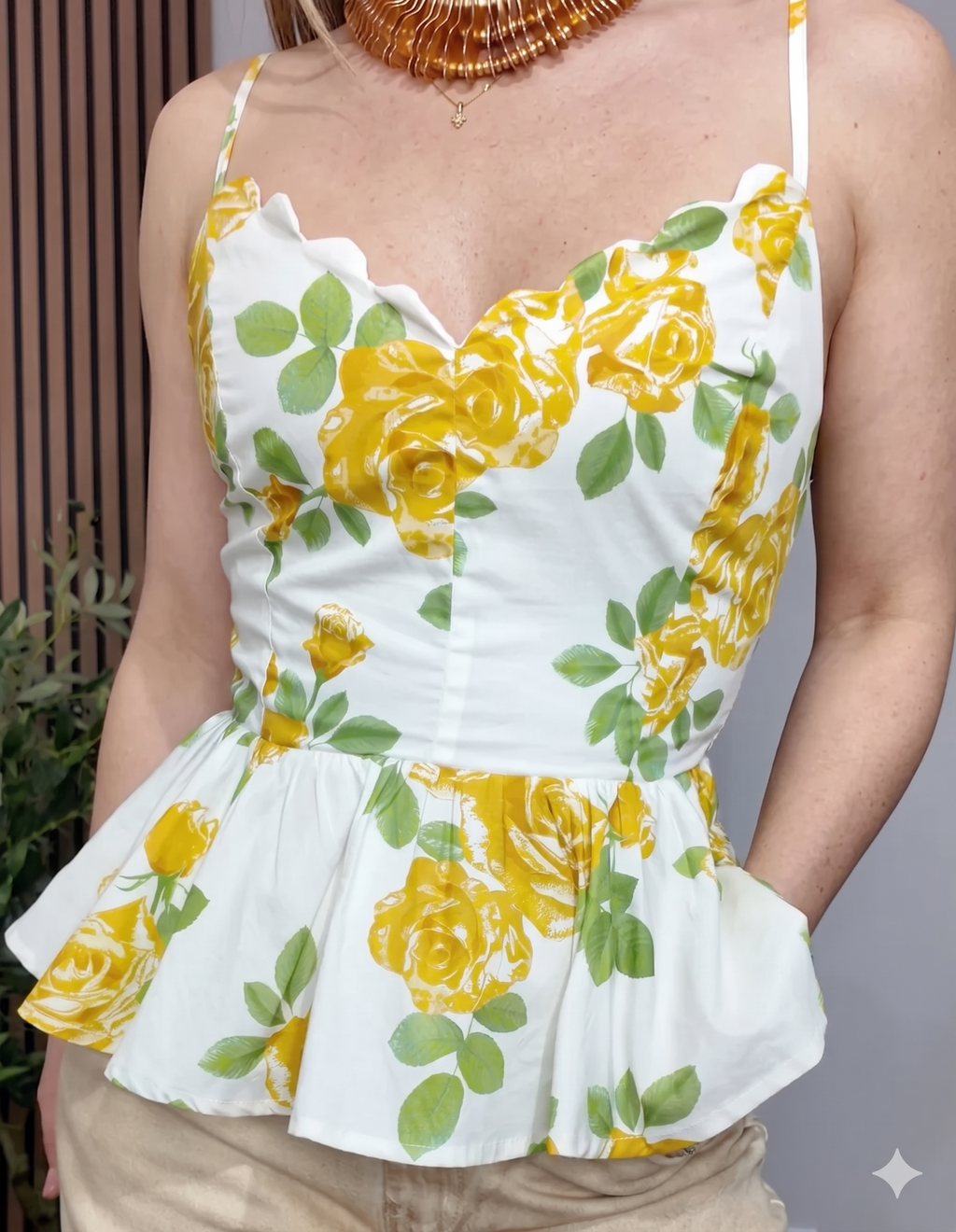 Yellow Rose Scalloped Peplum Blouse - 34320