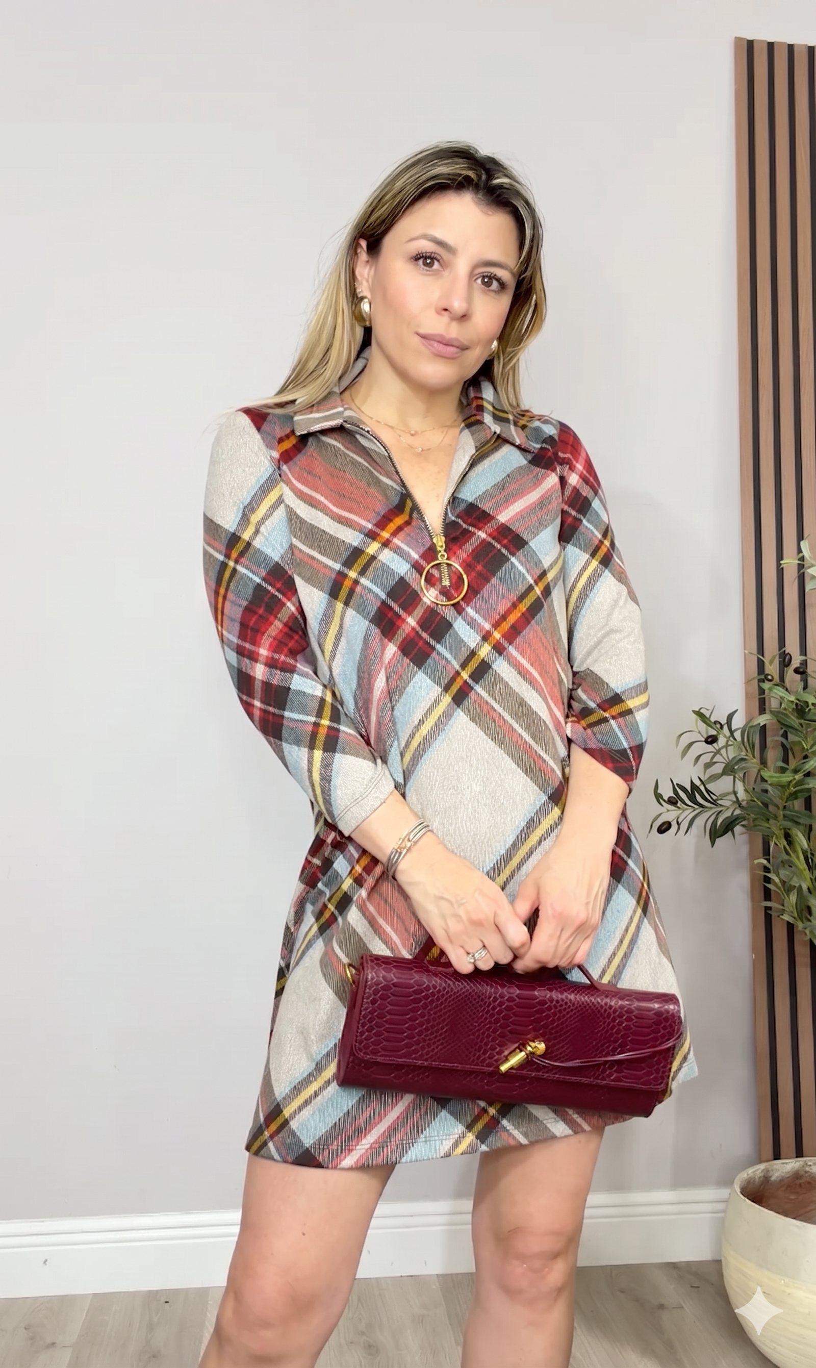 Retro Plaid Half-Zip Mini Dress - 34407