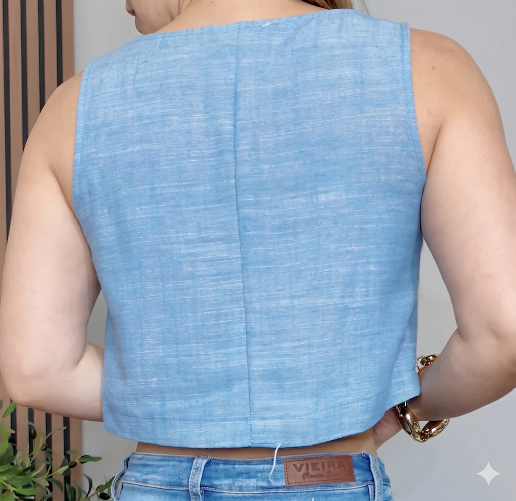 Sky Blue Linen-Blend Crop Top - 34319
