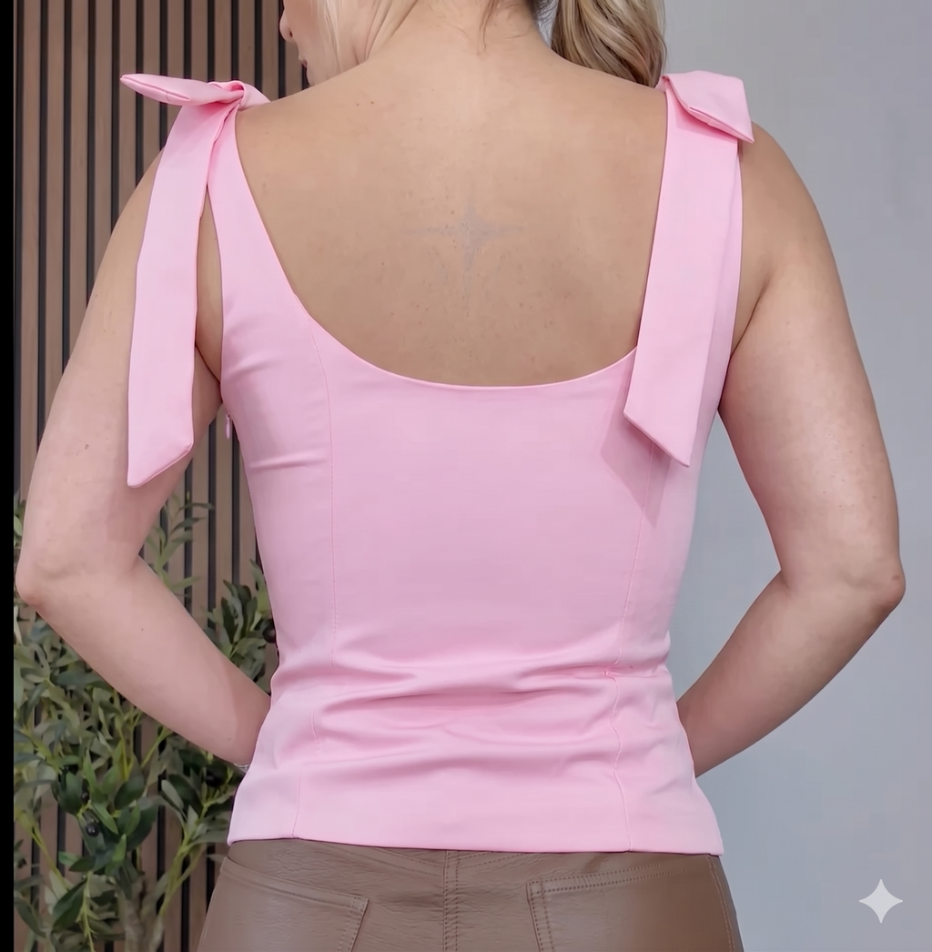 Chic Pink Bow-Shoulder Top - 33966