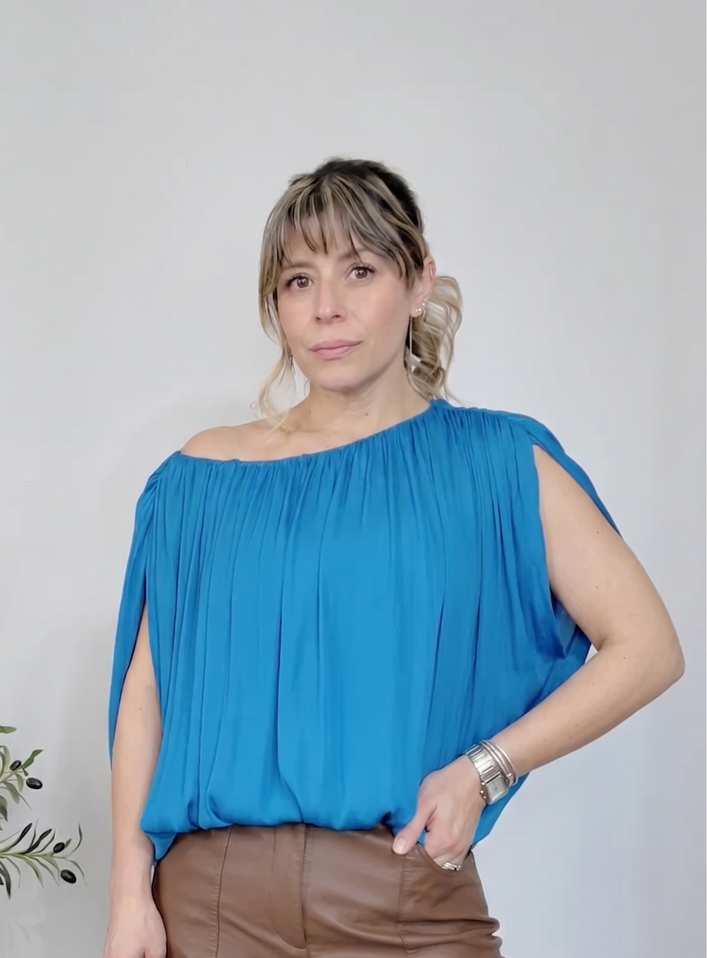 Pleated Royal Blue Cape Blouse - 34252