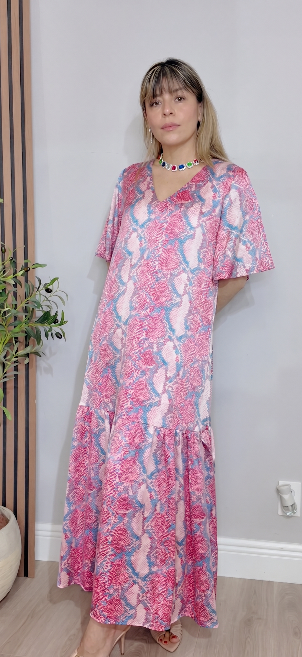 Pink Snakeskin Ruffled Maxi Dress - 34312
