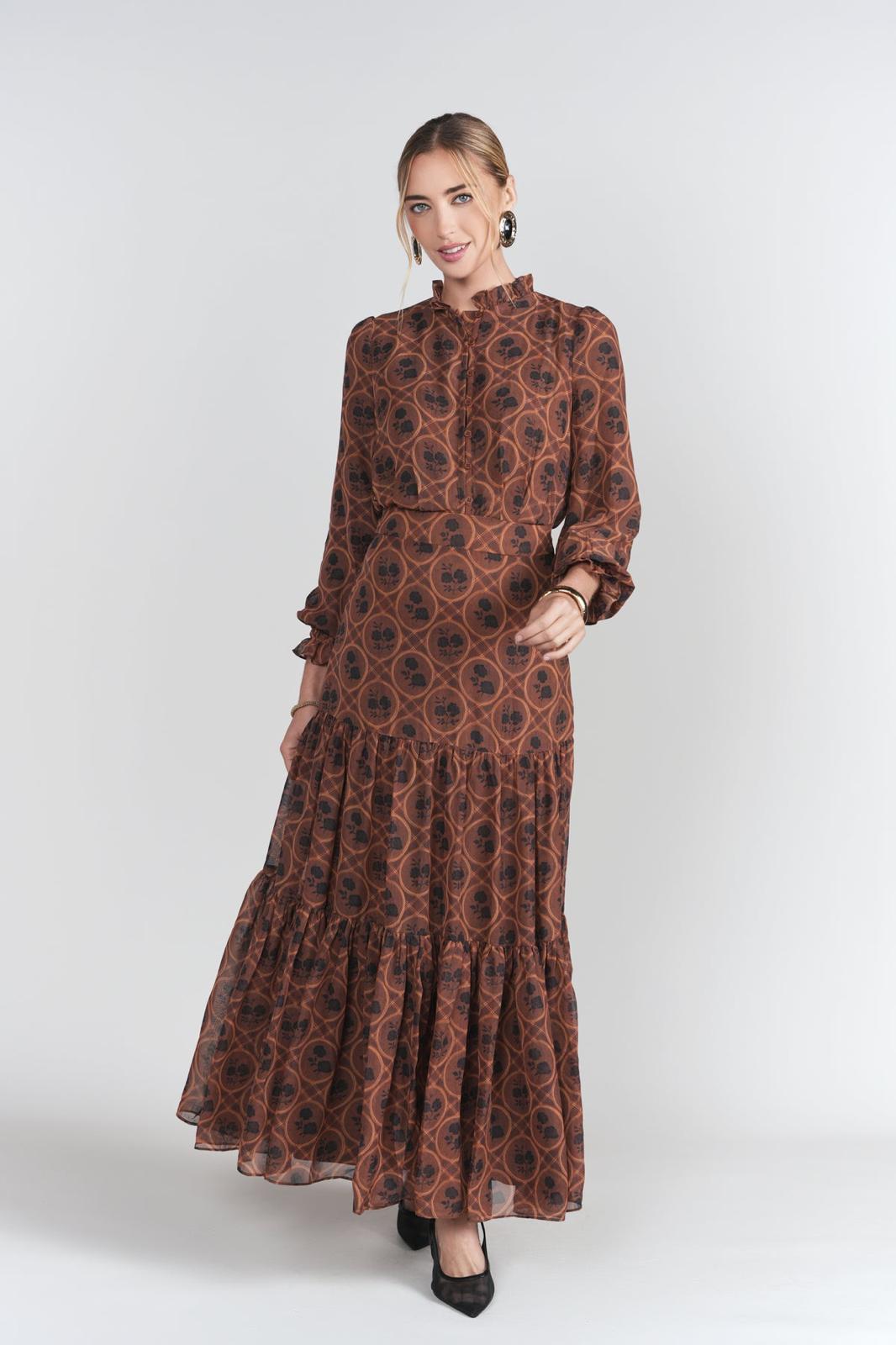 Adina Las Vegas Brown Printed Long-Sleeve Maxi Dress - 33242