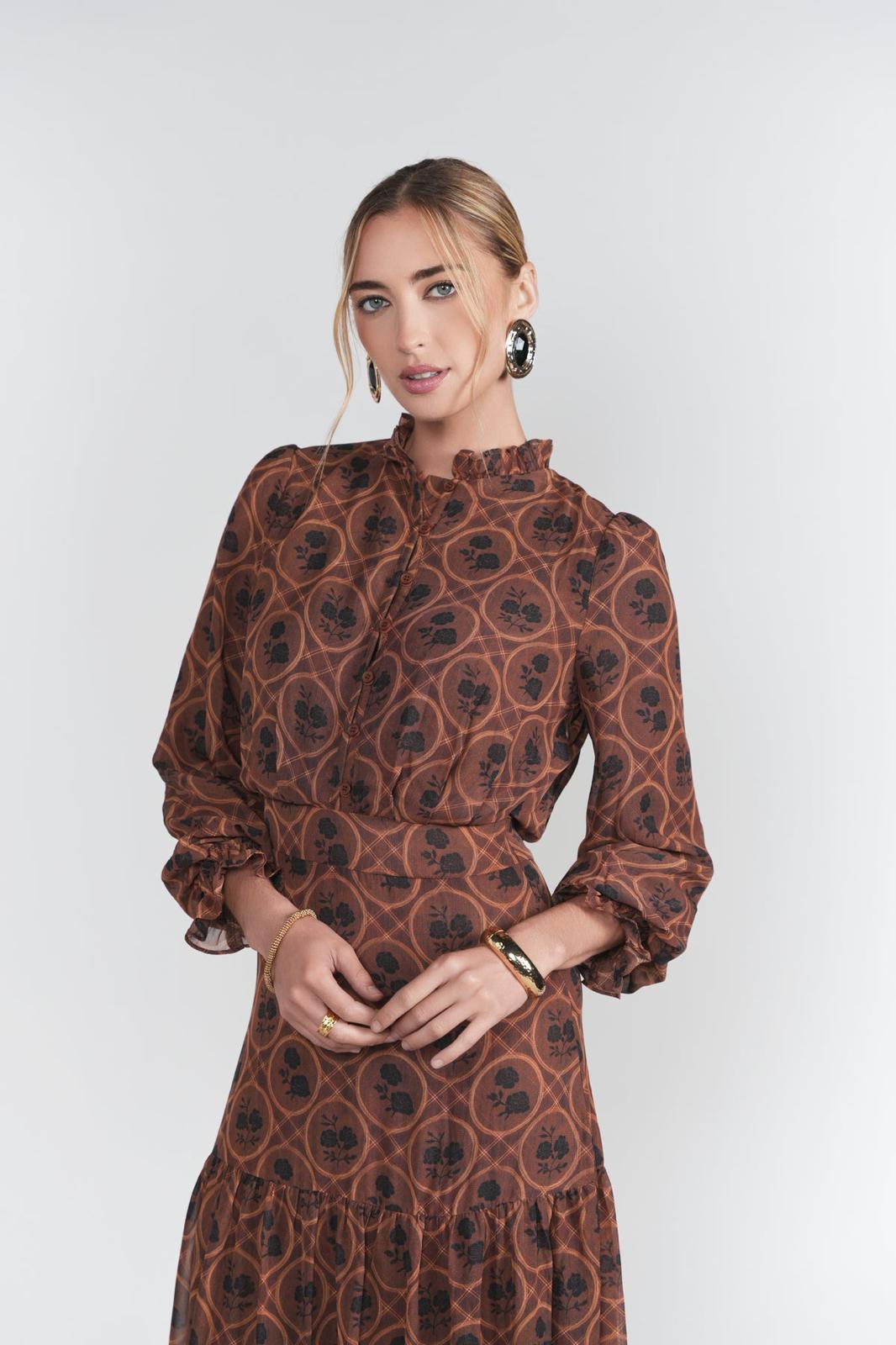 Adina Las Vegas Brown Printed Long-Sleeve Maxi Dress - 33242