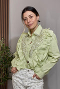 Crystal-Embellished Mint Green Ruffle Blouse - 33405