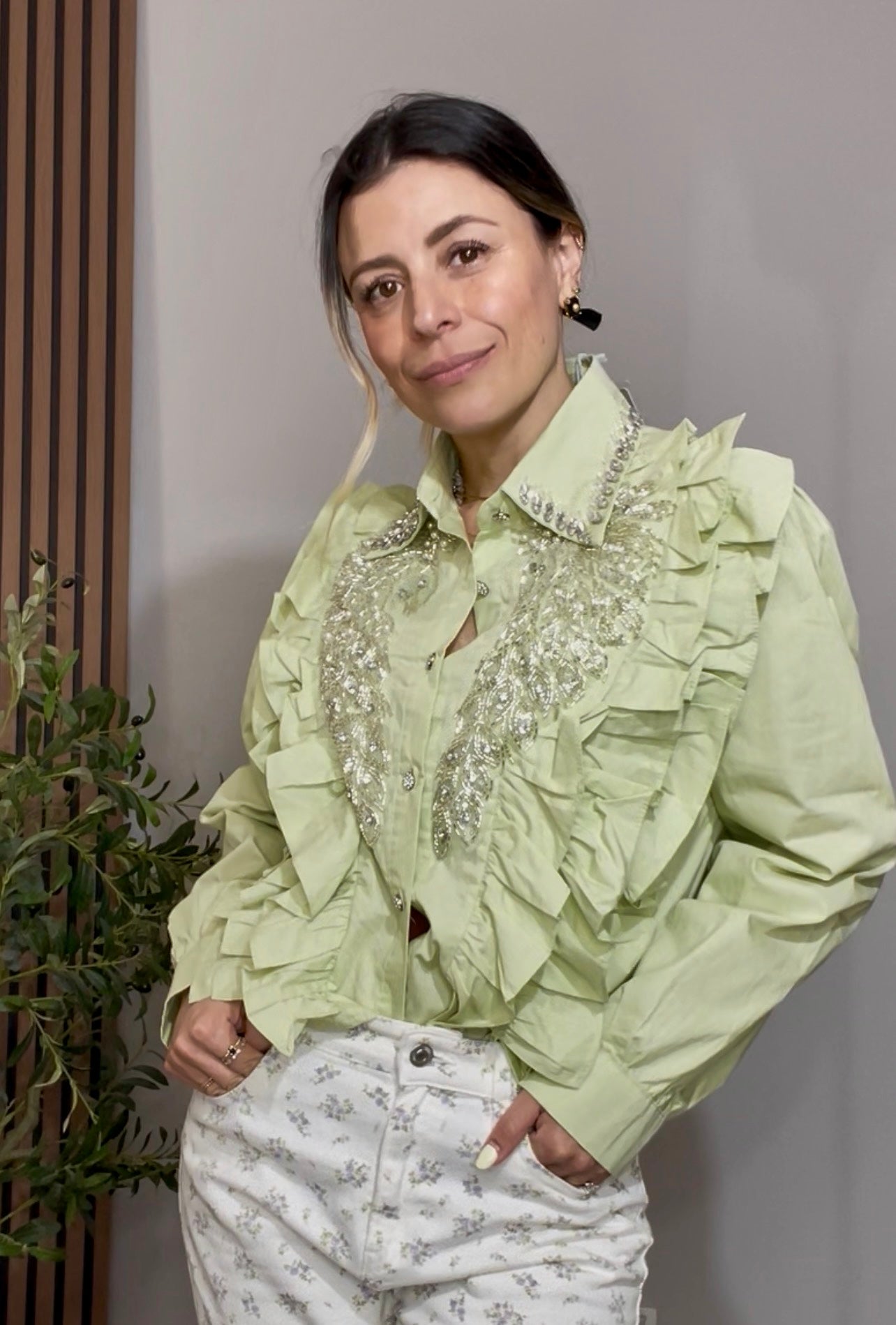 Crystal-Embellished Mint Green Ruffle Blouse - 33405
