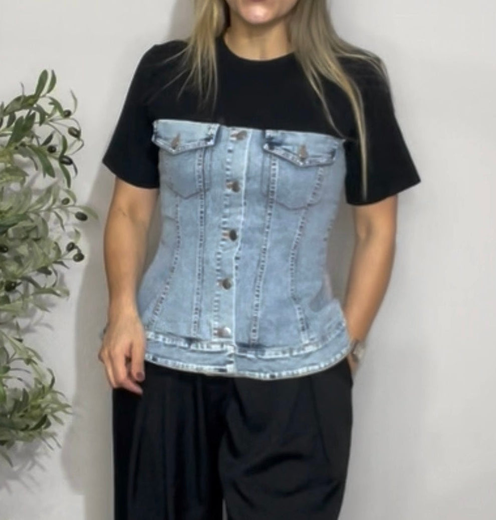 Mixed-Media Denim Corset T-Shirt - 31910
