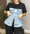 Mixed-Media Denim Corset T-Shirt - 31910