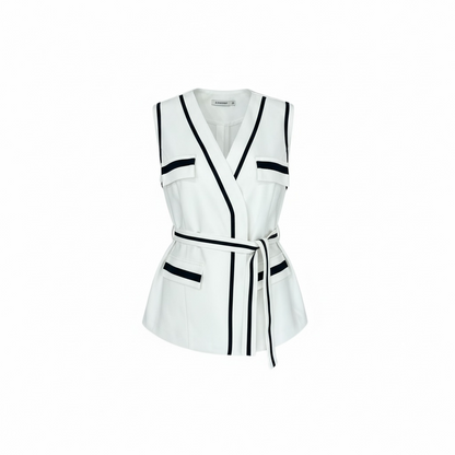 White Vest & Pants Set with Navy Trim - 29018