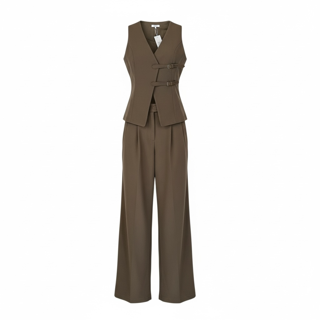 Brown Tailored Vest & Wide-Leg Pants Set - 31123