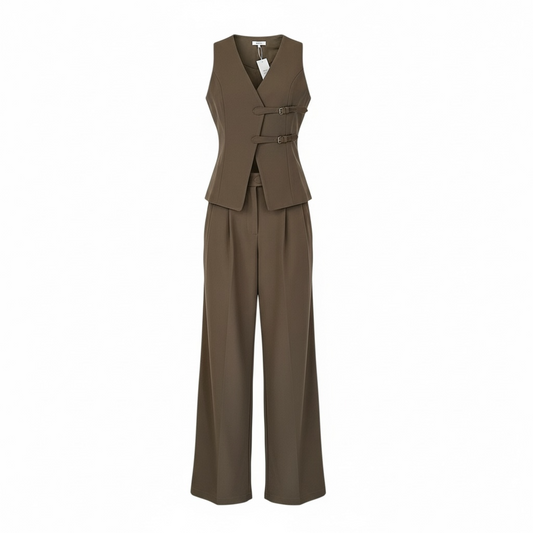 Brown Tailored Vest & Wide-Leg Pants Set - 31123