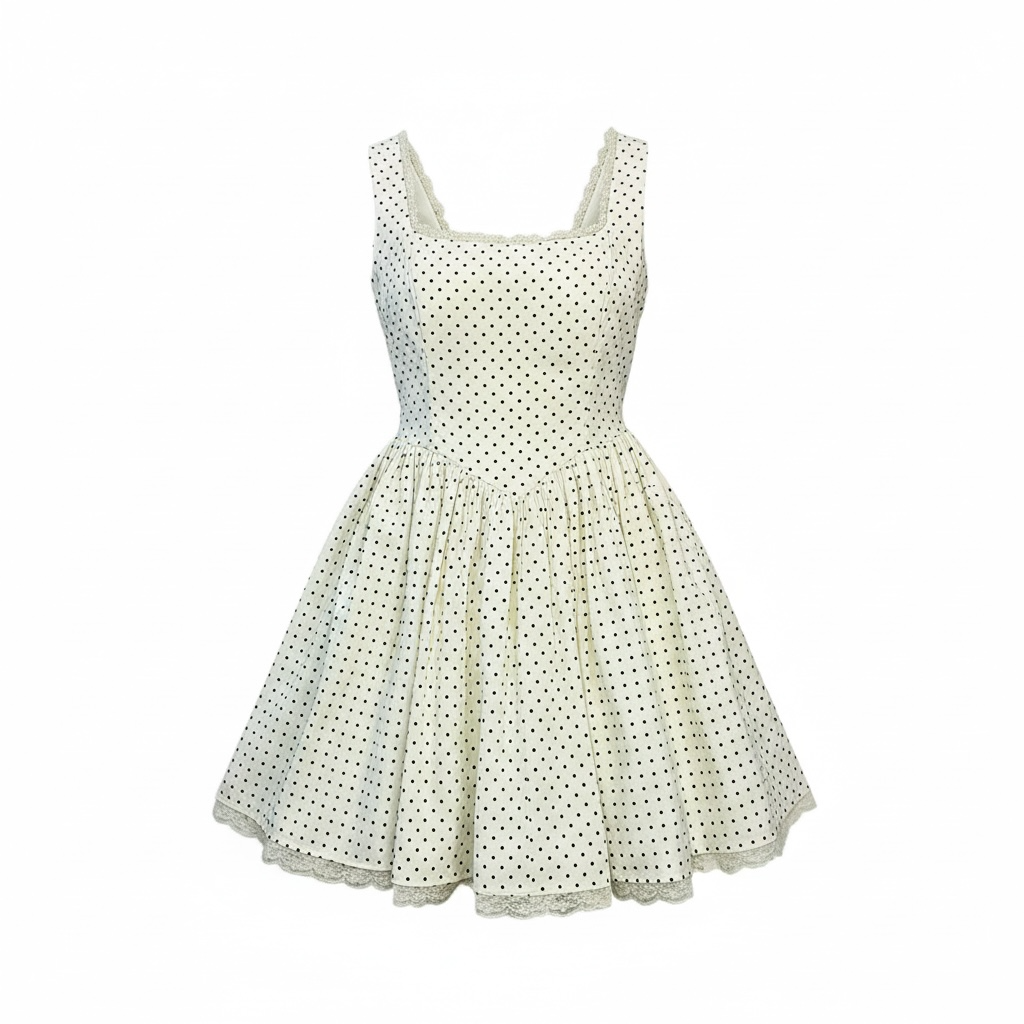 Polka Dot Smocked Midi Dress with Lace Trim - 30234