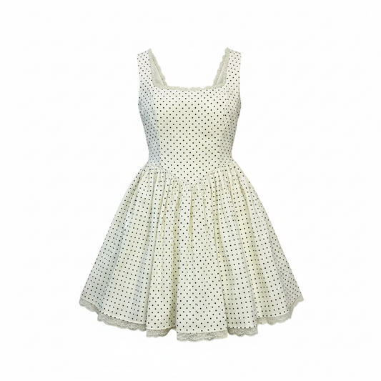 Polka Dot Smocked Midi Dress with Lace Trim - 30234