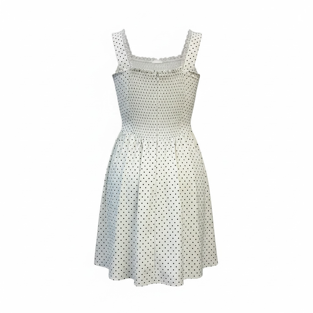 Polka Dot Smocked Midi Dress with Lace Trim - 30234