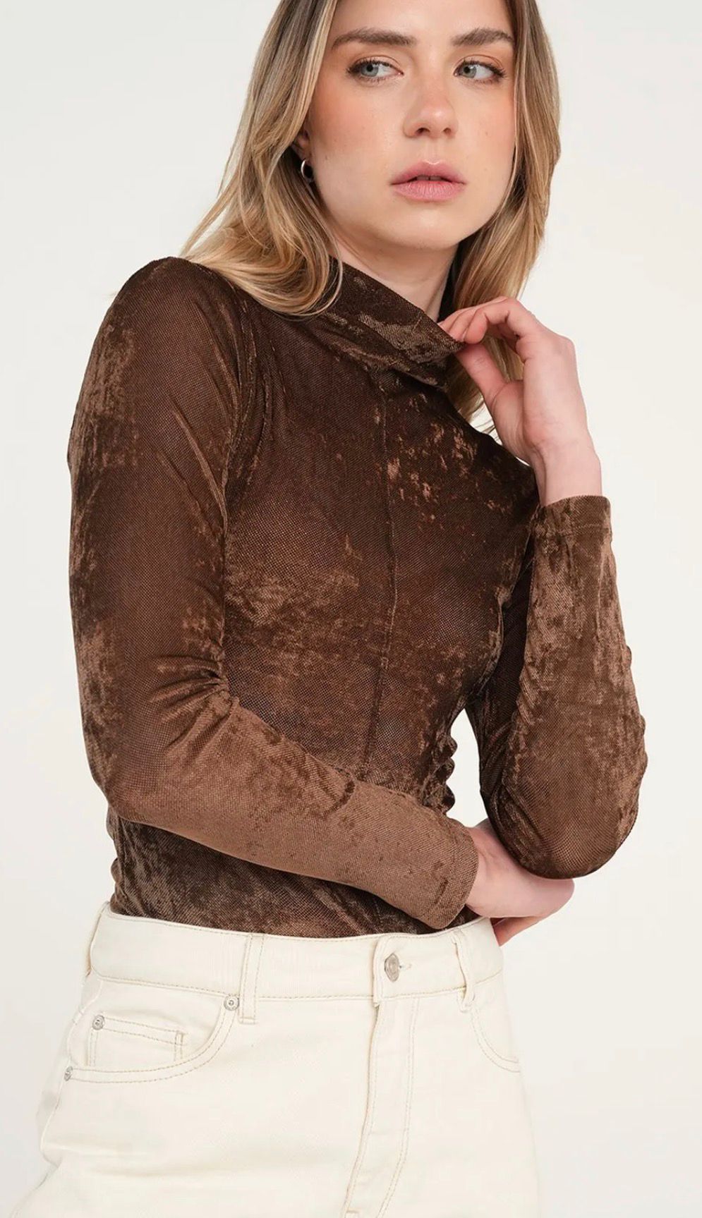 Textured Mesh Mock Neck Blouse - 34197
