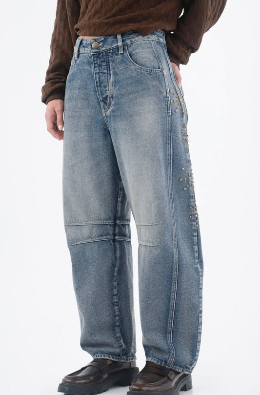 Studded Panel Barrel-Leg Jeans - 34205