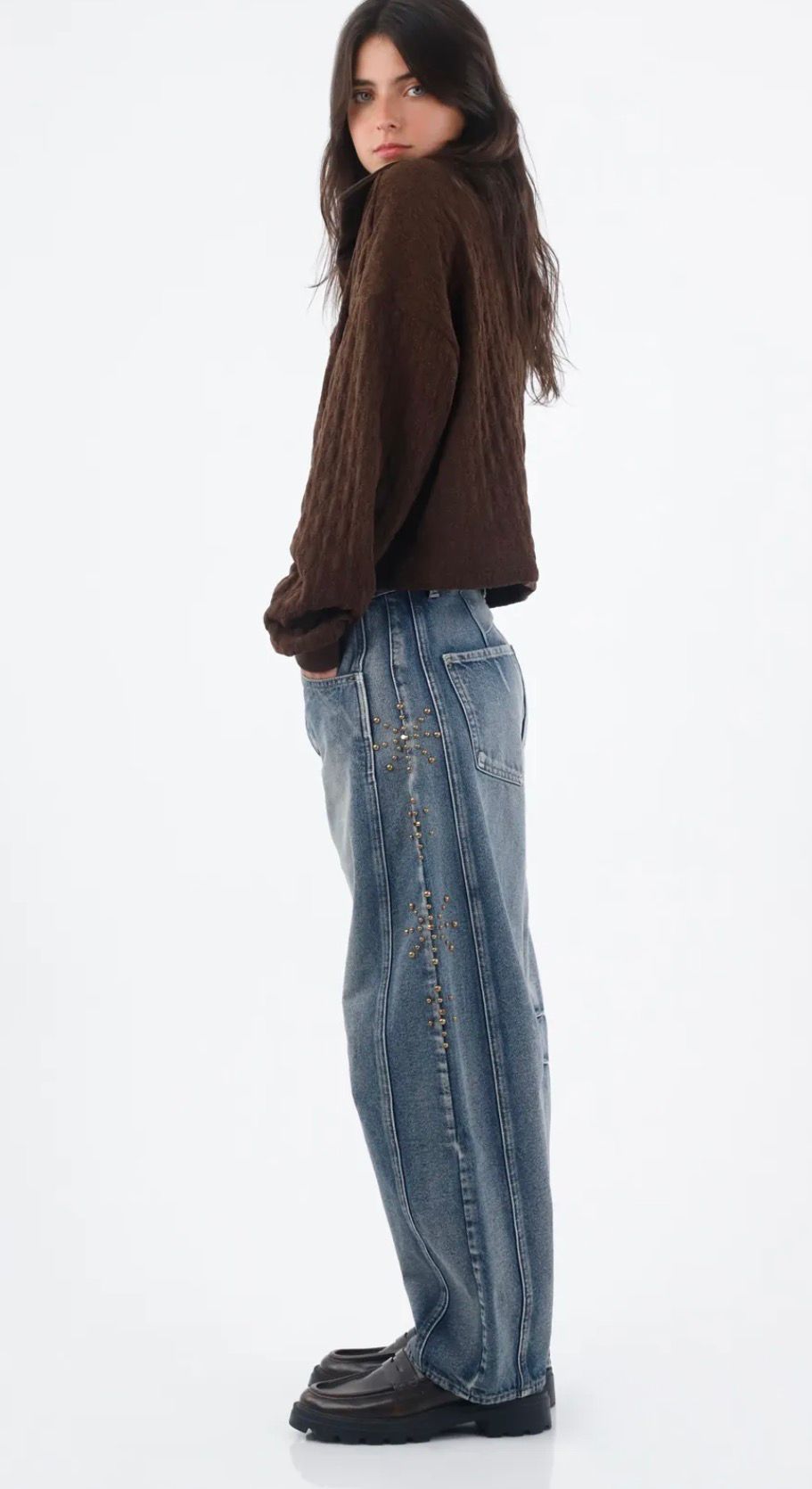 Studded Panel Barrel-Leg Jeans - 34205