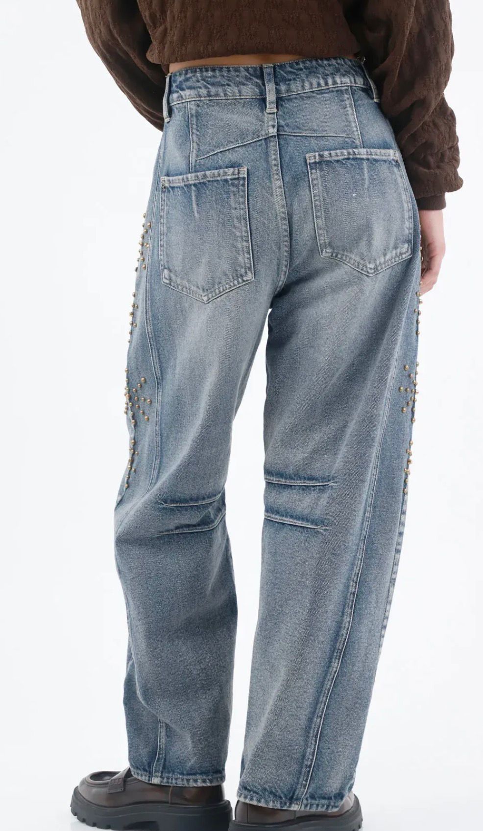 Studded Panel Barrel-Leg Jeans - 34205