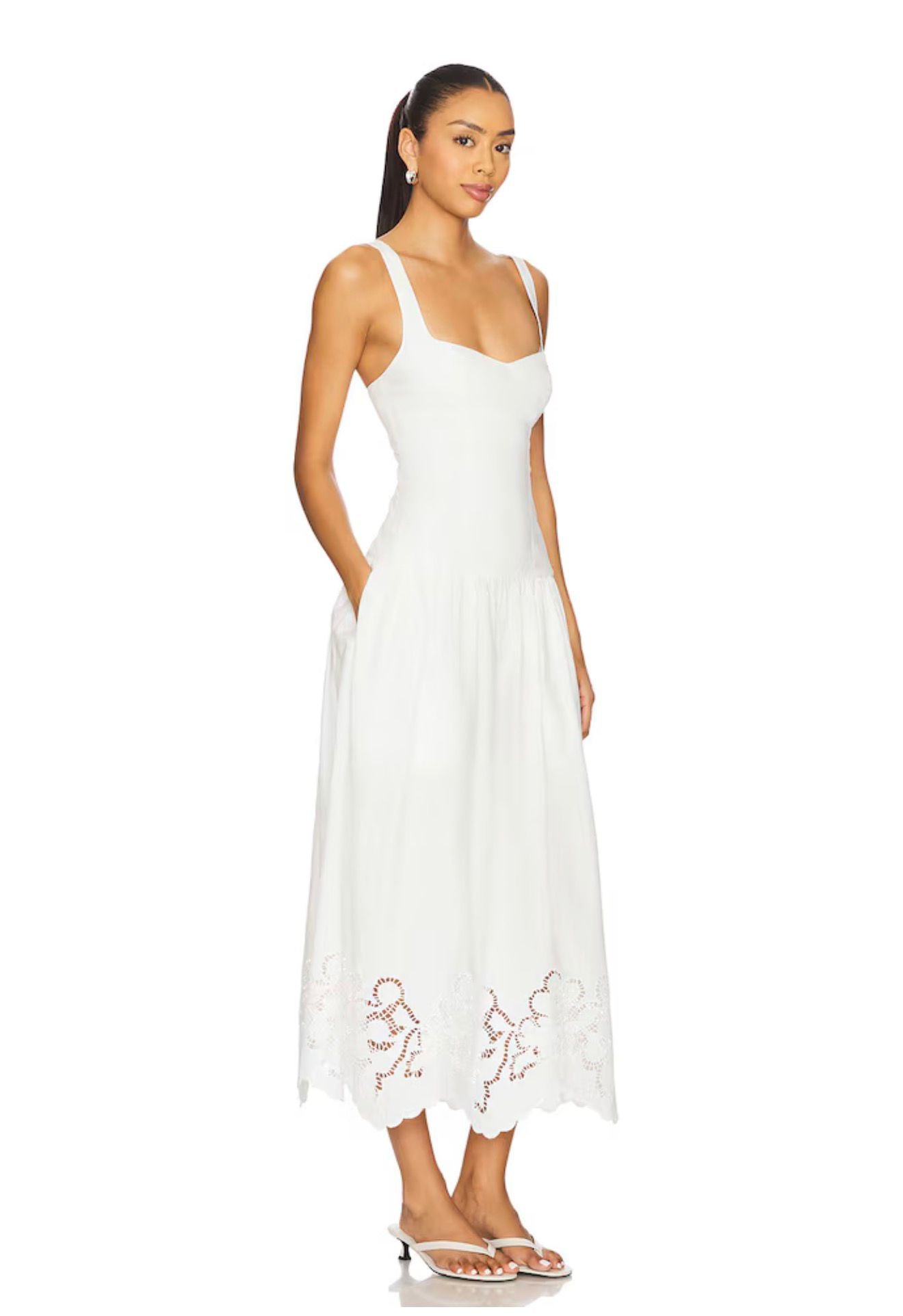 Tularosa White Midi Dress with Embroidered Hem - 32472
