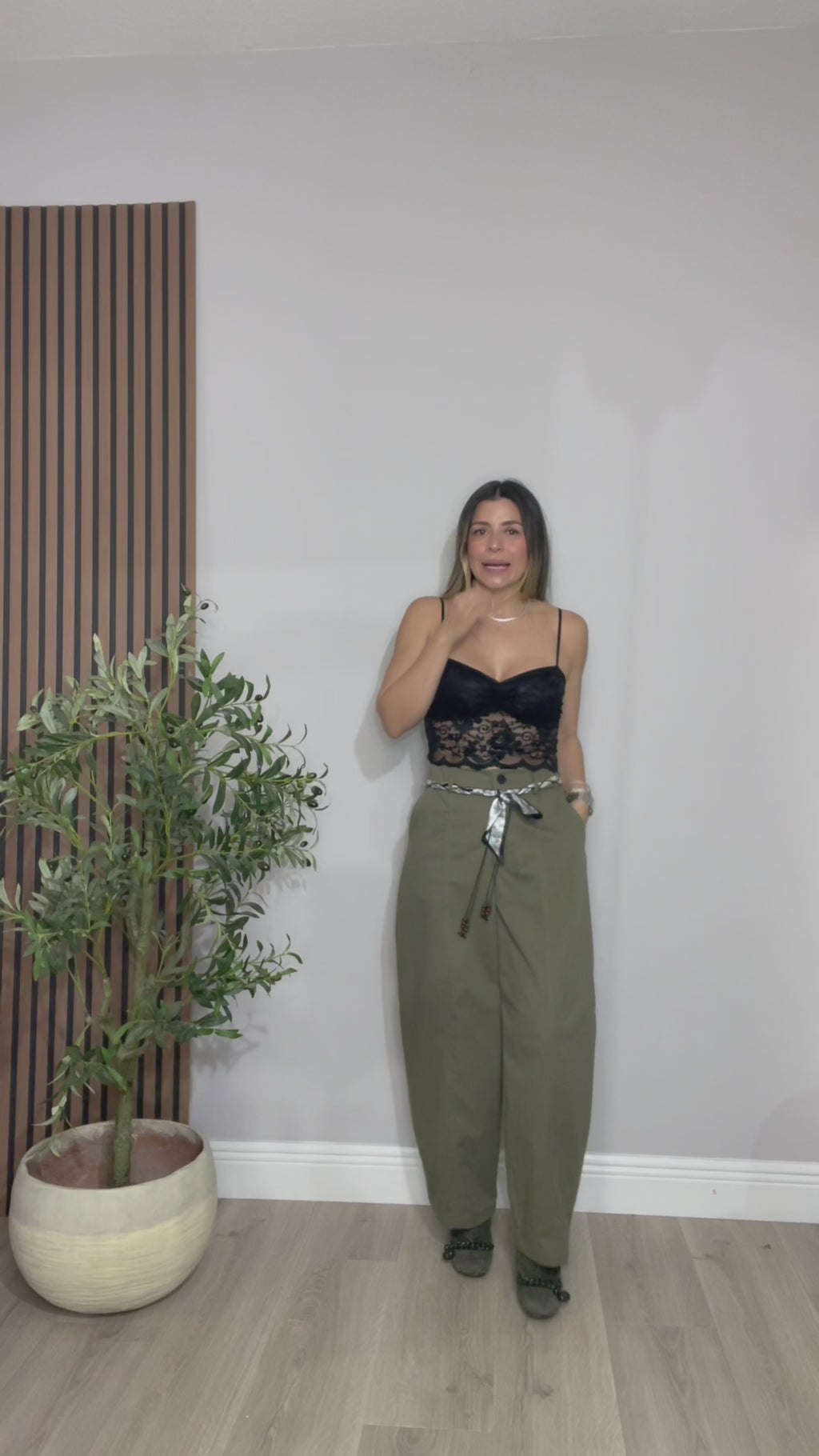 Olive Wide-Leg Pants with Braided Belt Detail - 33655