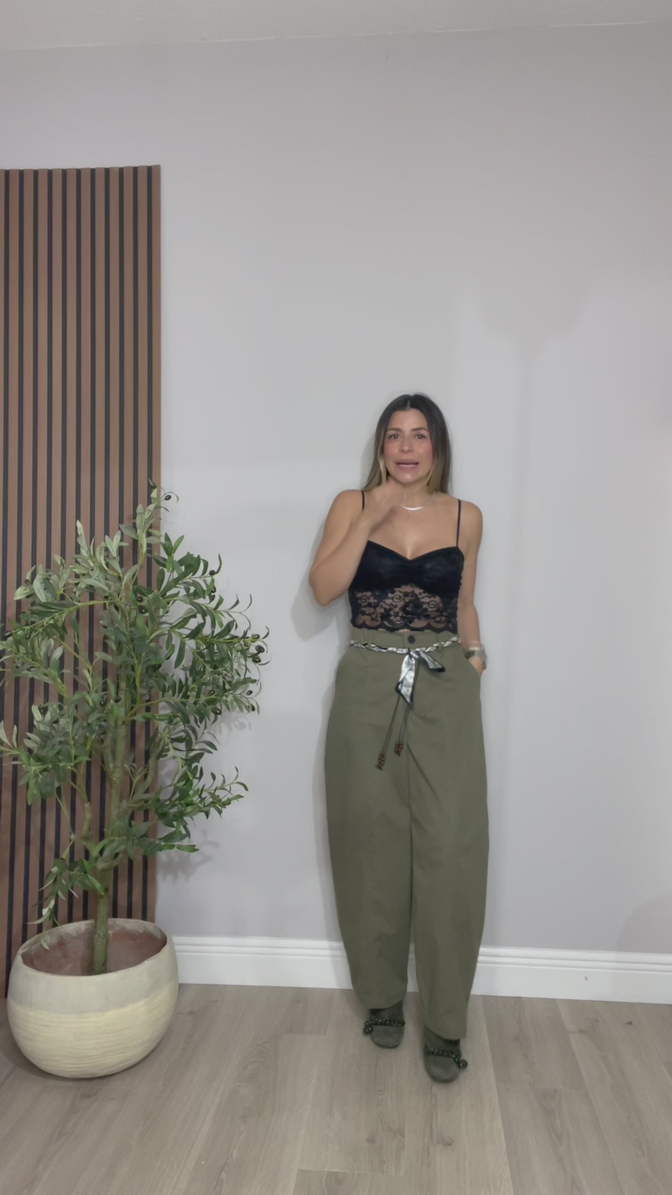 Olive Wide-Leg Pants with Braided Belt Detail - 33655