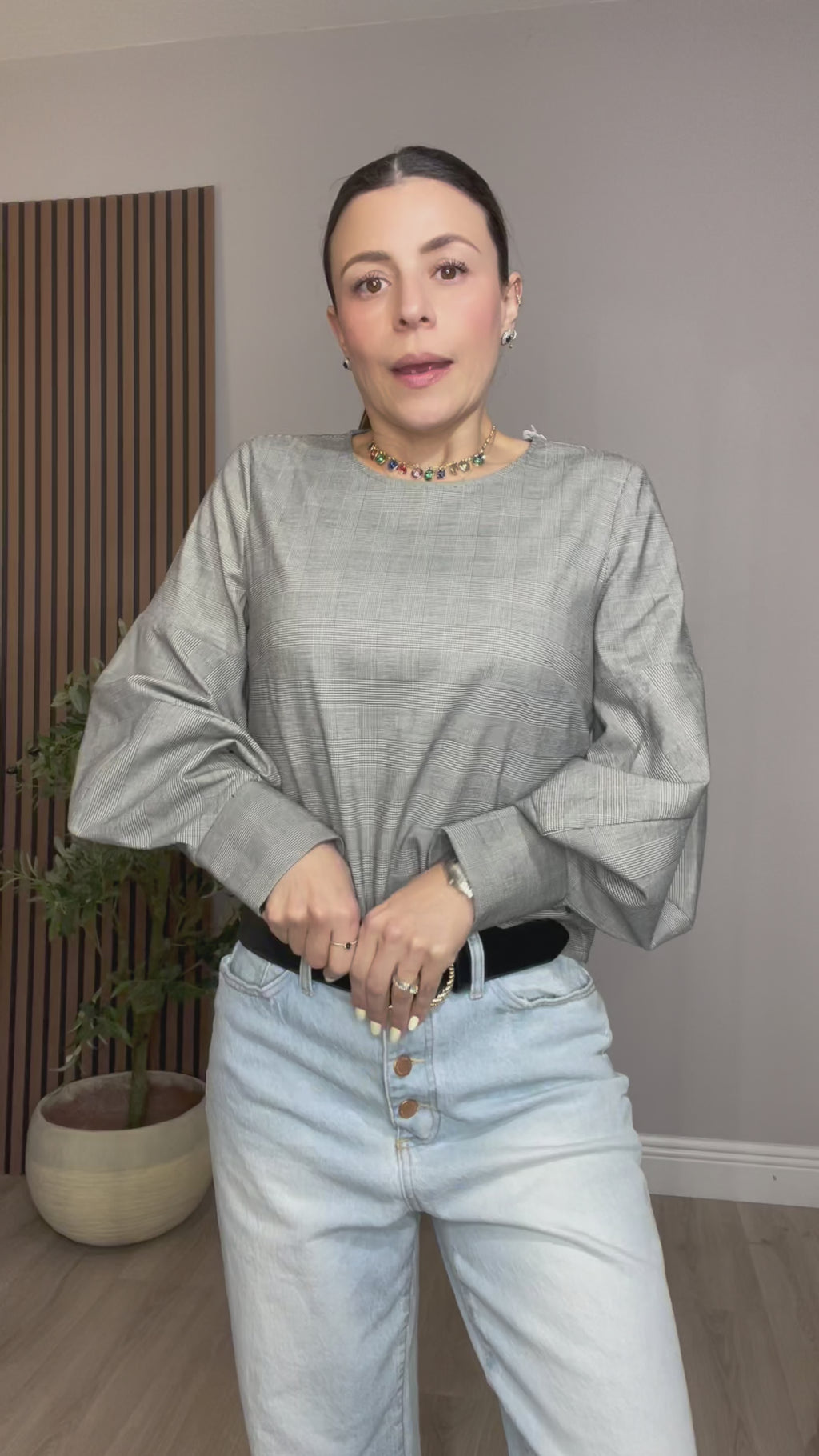 Gray Plaid Puff Sleeve Blouse -  33248