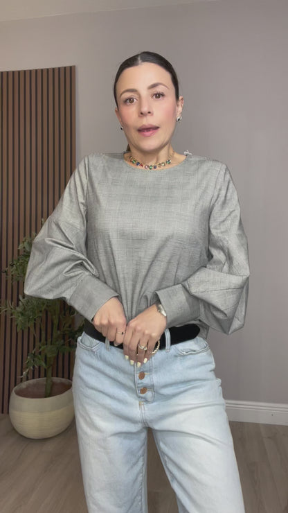 Gray Plaid Puff Sleeve Blouse -  33248