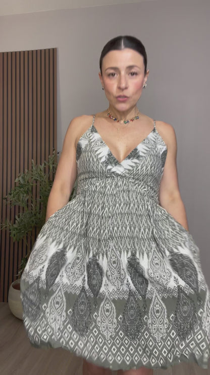 Olive Green Printed V-Neck Midi Dress - 33240