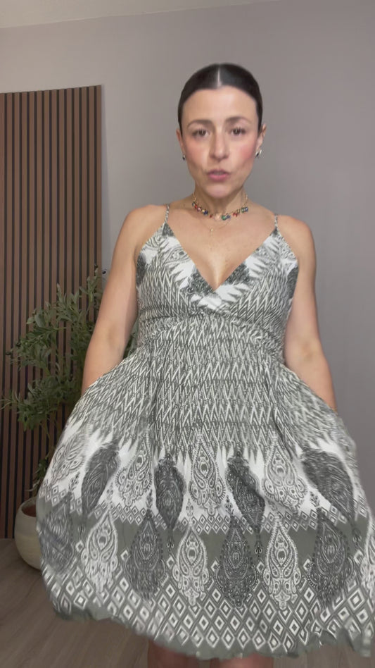 Olive Green Printed V-Neck Midi Dress - 33240