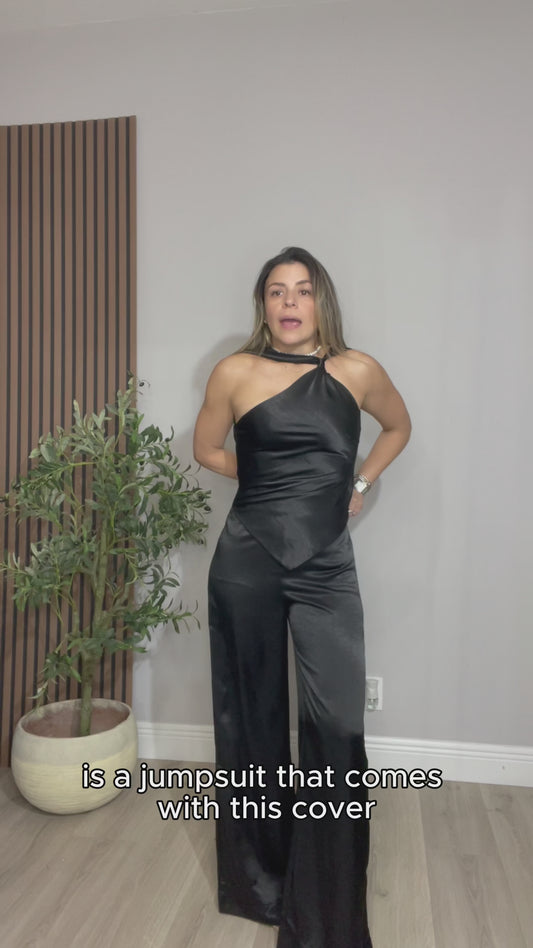 One-Shoulder Satin Jumpsuit – Black - 33442