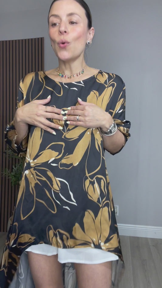 Black & Mustard Floral High-Low Tunic Dress - 33379